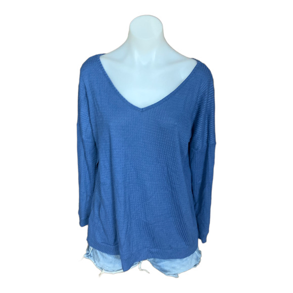 Zulily SIZE 1X Denim Blue Waffle Knit Reversible Long-Sleeve Tunic Top Knot NEW - Picture 3 of 9